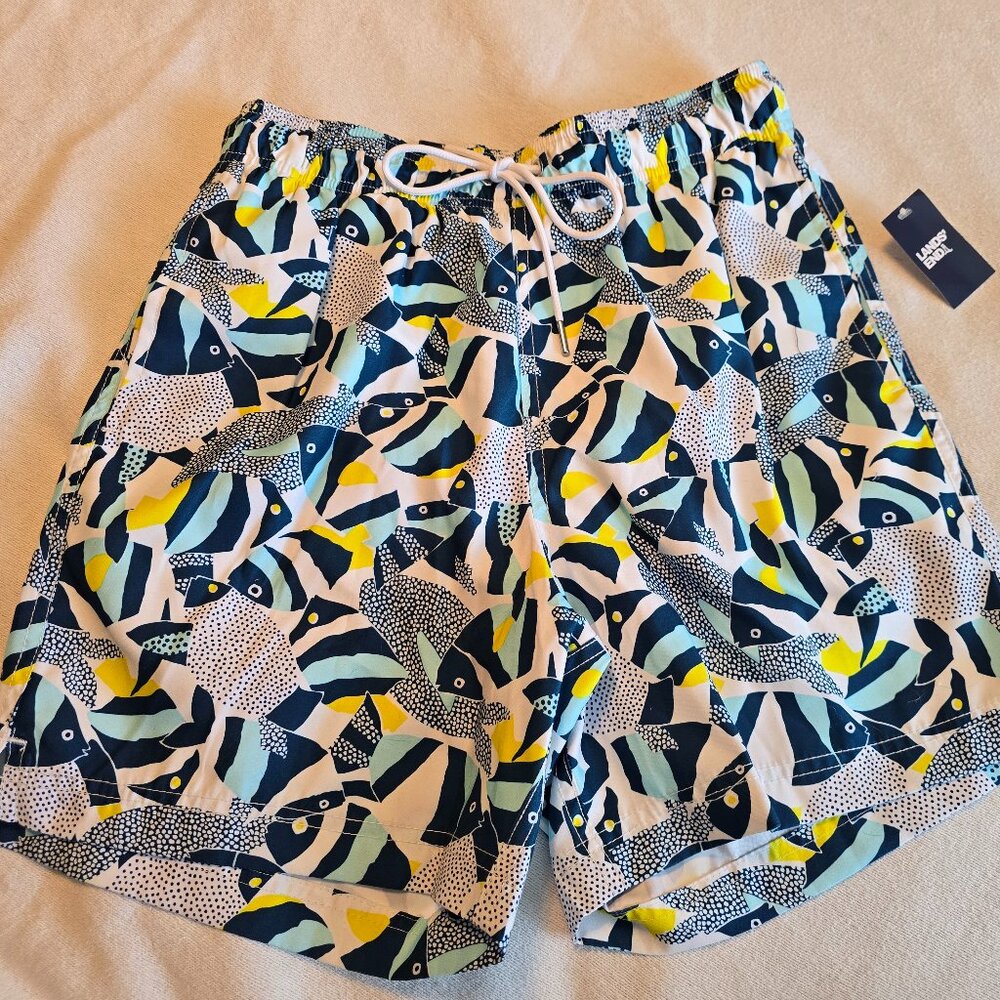 Lands' End Volley Swim Trunks Men's Fish Print 6" Inseam Size S NWT